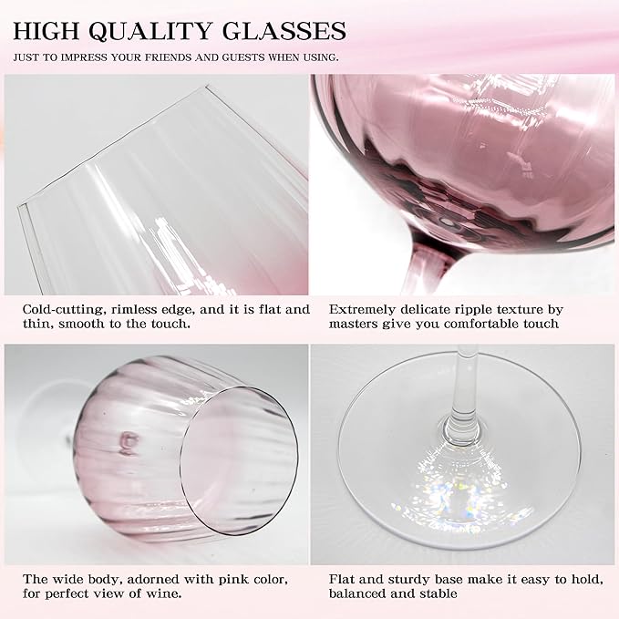 Pink Wine Glasses Set of 2, Birthday Gifts for Women, 21oz Large Wine Glasses, Colored Crystal Glassware, Unique Drinkware Gift for Friend, Mom, Wife, Wedding, Anniversary, Special Occasions