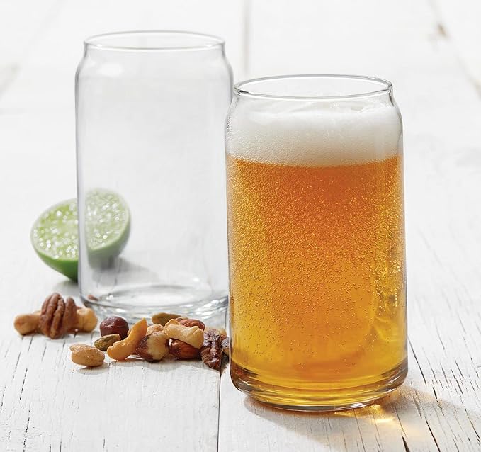 Can Shaped Beer Glass Cups 16 oz - Drinking Glasses 6 pc Set with Pourers - Classic Can Tumbler Glasses, Crystal Clear