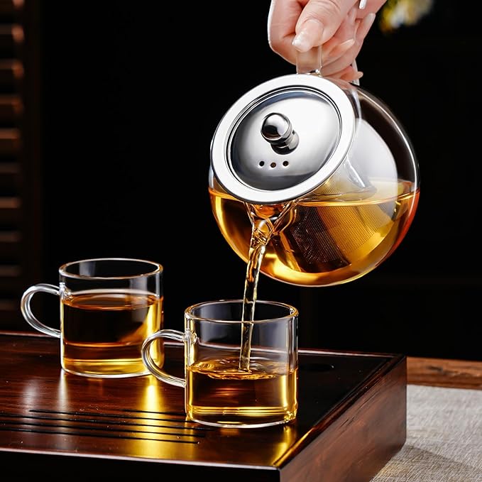 PARACITY Glass Teapot Stovetop 50 OZ/1500ml, Tea pot with Removable 18/8 Stainless Steel Infuser, Borosilicate Clear Tea Kettle, Teapot Blooming and Loose Leaf Tea Maker Tea Brewer for Camping, Travel