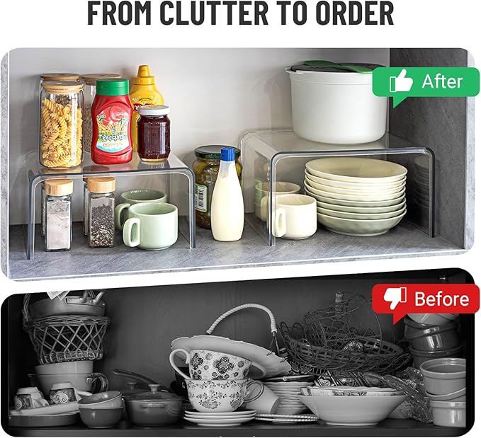 Clear Cabinet Organizer, Shelf Organizer Set of 2 for Kitchen Pantry Organizers and Storage, Display Cabinet Shelf Room Decor Countertop Desk Shelves, Patented Spice Organization for Cabinet