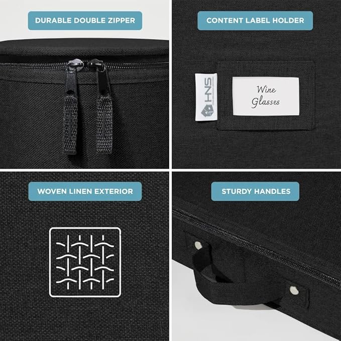 Hard Shell China Storage Containers 8-Piece Set Moving Boxes for Dinnerware, Glasses, Plates, Mugs and Saucers Sturdy Dish Organizer with Dividers for Seasonal Storage - Service for 12 - Black