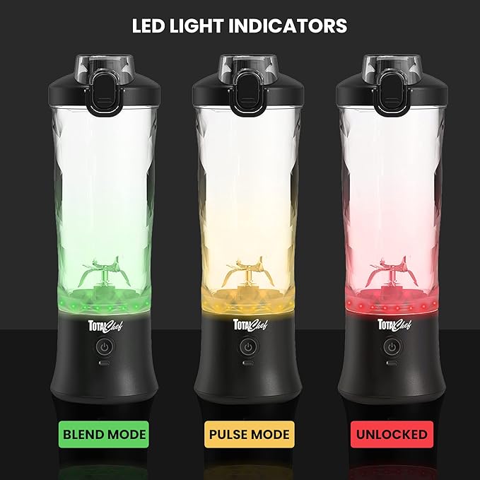 Total Chef Portable Blender - For Smoothies & Protein Shakes, USB Rechargeable Cordless Mini Travel Mixer, Personal Juicer, Ice Crusher, Blender Bottle for Home & Kitchen, 20oz, Black