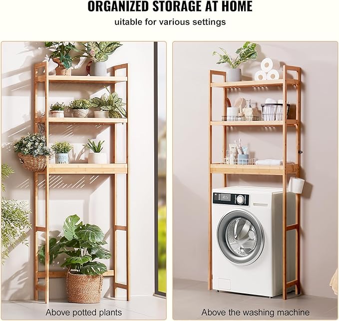 VEVOR Over The Toilet Storage, 3-Tier Adjustable Over Toilet Bathroom Organizer, Bamboo Storage Shelf Rack with 3 Hooks, Freestanding Easy Assembly Laundry Space Saver, Fit Most Toilets