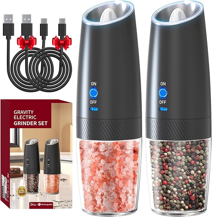 RECHARGEABLE - Gravity Electric Pepper and Salt Grinder Set, Adjustable Coarseness, With LED Light, One Hand Automatic Operation, 2 Pack-Black