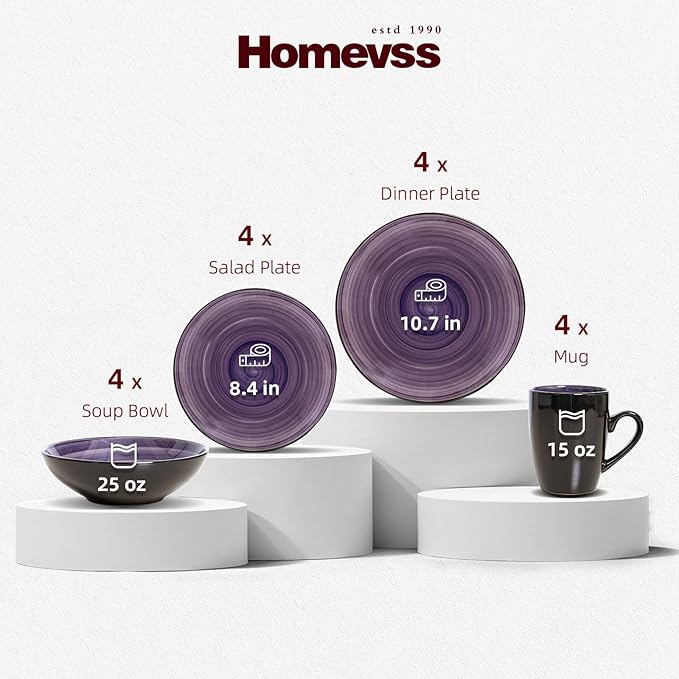 Sonoma 16-Piece Dinnerware Set - Serves 4, Black and Speckled Purple Plates & Bowls Set | Microwave & Dishwasher Safe, Spinwash Purple