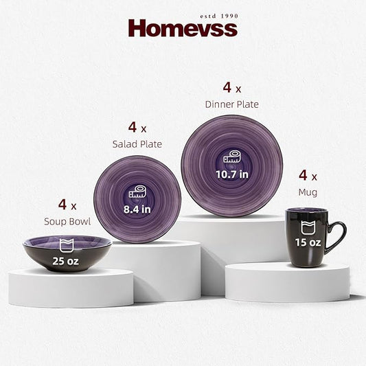 Sonoma 16-Piece Dinnerware Set - Serves 4, Black and Speckled Purple Plates & Bowls Set | Microwave & Dishwasher Safe, Spinwash Purple
