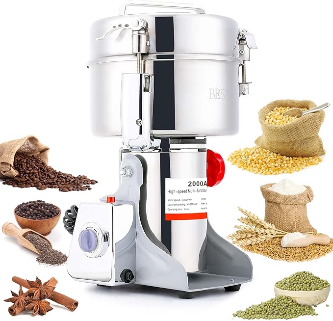 Electric Grain Mill Grinder 2000g Stainless Steel Pulverizer 36000r/min High-speed Grain Mill 3500W Dry Material Grinding Machine 270° swingable Superfine powder for Home and Commercial