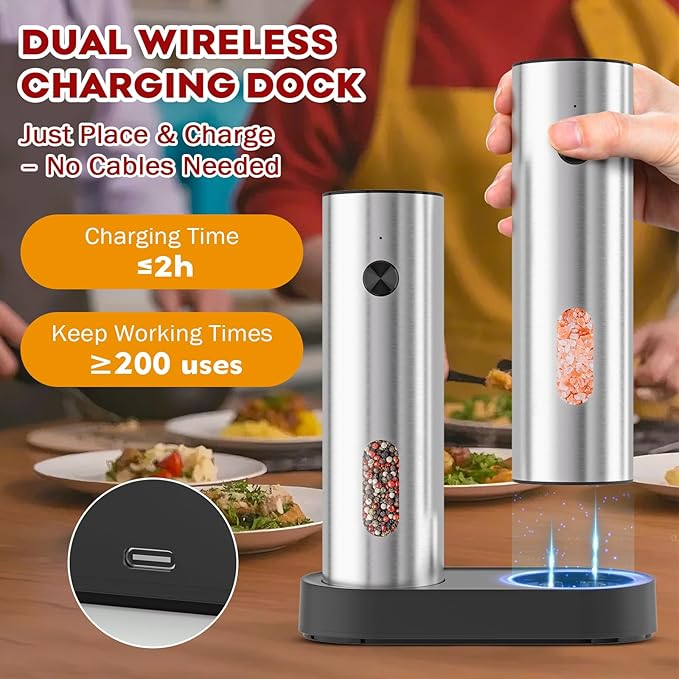 Electric Salt and Pepper Grinder Set: Automatic Rechargeable Salt and Pepper Shakers with USB Charging Base, Adjustable Coarseness, 110ml Large Capacity, Stainless Steel Pepper Grinder for Kitchen