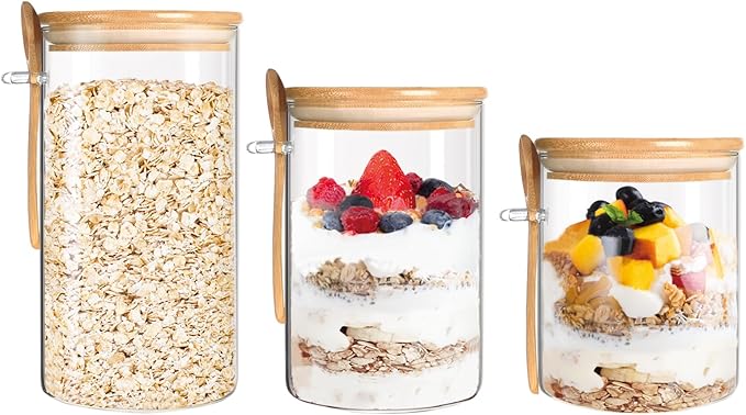 Glass Storage Containers 25oz/ 33oz/ 44oz with Bamboo Lids and Spoons, Glass Food Storage Jar with Lids, Kitchen Canisters Pantry Organizers for Cookie Tea Coffee Bean Overnight Oats (Set of 3)