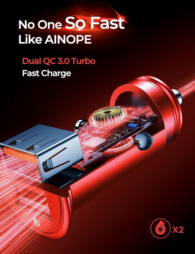 Super Fast Car Charger USB Fast Charge AINOPE Android Car Charger Adapter 45W All Metal Lighter USB Charger Quick Charge for iPhone 15/14/13/12/11pro/x/8/Samsung S24/S23/S22/S22+/Ultra/S21/Note 9 Red