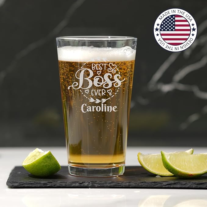 Personalized Boss Gifts for Men, Custom Beer Glass with Engraved Name, Birthday Farewell Retirement Christmas Boss Day Gift for Coworkers Staff Leader Office Decor
