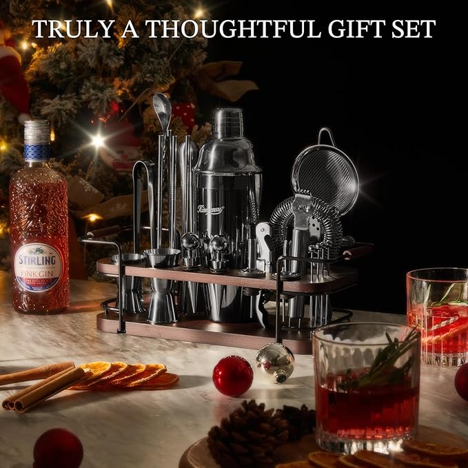 KITESSENSU Cocktail Shaker Set Bartender Kit with Stand | Complete 24-Piece Bar Set Cocktail Kit with All Bar Accessories, Black