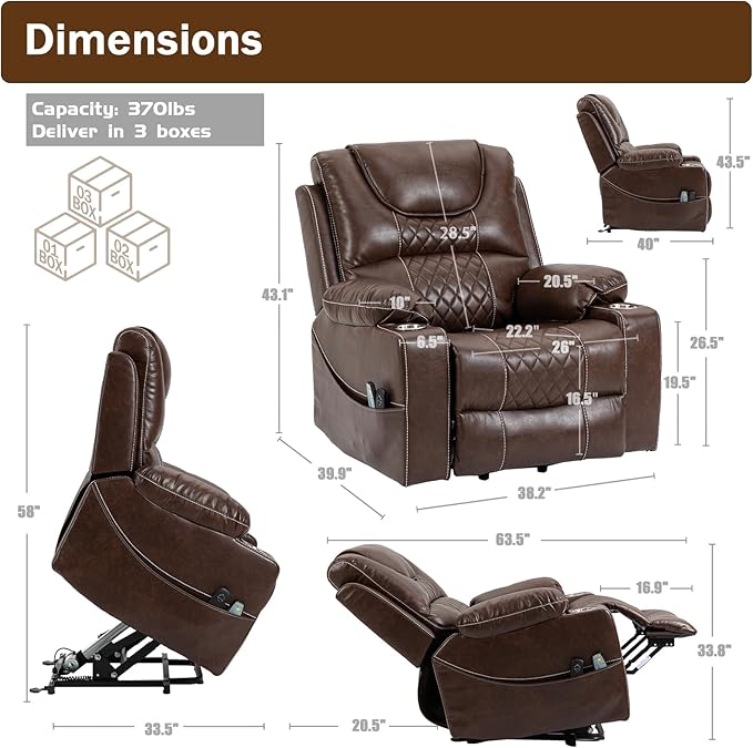 Power Lift Recliner Chair for Elderly with Massage and Heating, Ergonomic Electric Recliner Chair Single Sofa for Adults with Remote Control USB Port, Cup Holders, Side Pockets