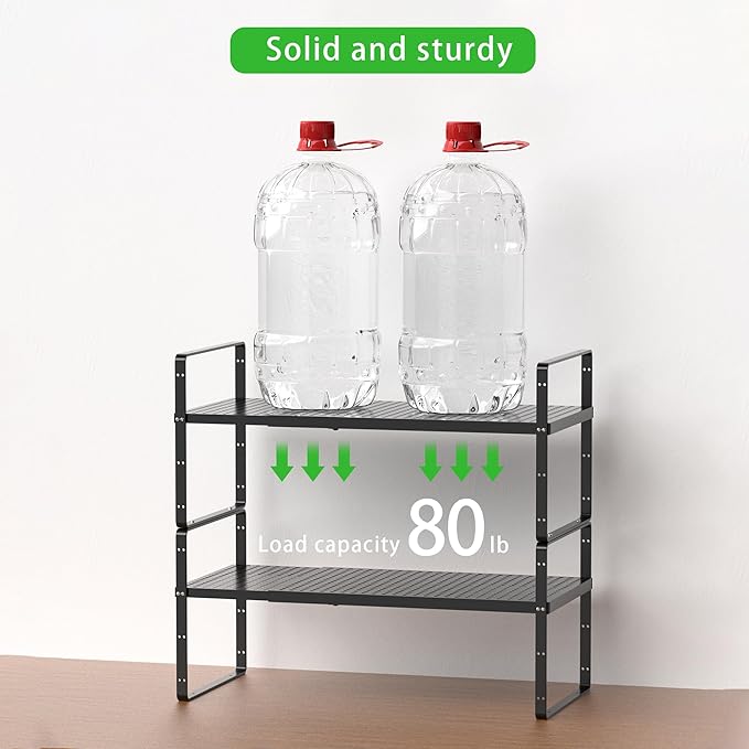 Expandable Cabinet Storage Shelf Stackable Organizer Rack for Kitchen Bathroom Pantry Spice Cupboard Coffee Countertop Home Office Desk Heavy Duty Nonslip Black Large 1 PACK