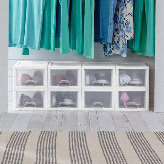 Sterilite 6-Pack 6 Quart Stacking Drawer, Clear Storage Closet Organizer, White Frame - Stackable Modular Plastic Drawers for Clothes, Accessories, Craft Supplies, Shoes or Linens