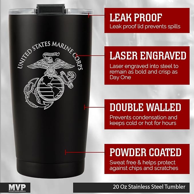 Military Gift Shop Marine Corps 20oz Insulated Tumbler-Double-Walled Stainless Steel Travel Cup-Durable & Leakproof-Disabled Vet Owned Business USMC 20oz Tumbler