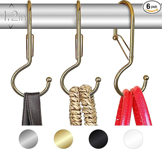 6 Purse Hanger for Closet. Tote Hanger. S-Shaped Hooks S Hooks Twist Design. Anti Drop S-Shaped Hook for Hanging Handbags with Safety Buckle to Prevent Falls. Heavy Duty. (Gold, Twisted)