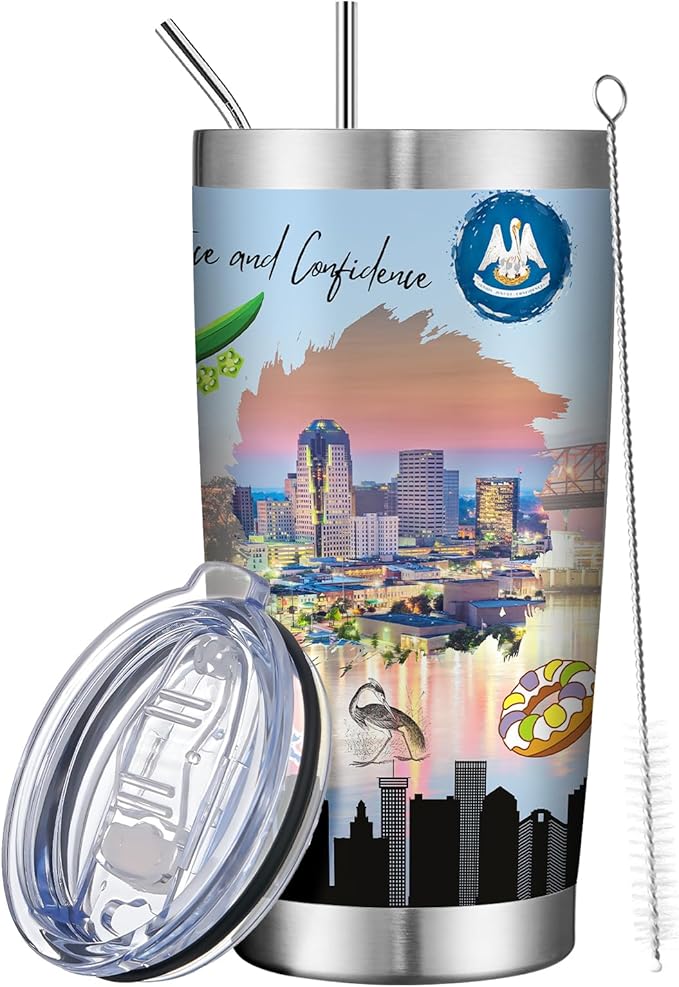 20oz Insulated Tumbler Louisiana State Coffee Mug, United States Map Travel Mug Landmark, Birthday Gifts Cute Custom Tumbler Cups with Lid and Straw Mothers Day Gifts