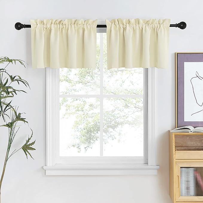 NICETOWN Window Valances for Bedroom, Farmhouse Adjutable Length Valance Curtains for Living Room, Kitchen Cabinet Cupboards Curtains for Home Decor (42x18 Inch + 1.6 inch Header, Light Beige, 2 PCs)