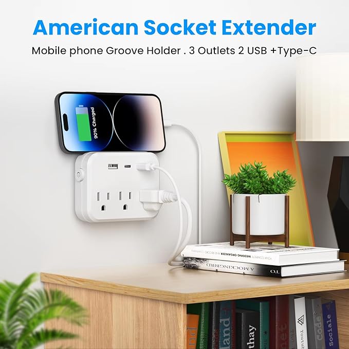 Switch with Surge Protector Mini Portable Power Strip 6-in-1 Multifunctional 3 Power Strip 2 USB Ports 1 Type-C Christmas Daily Use Item Pack of 1 White