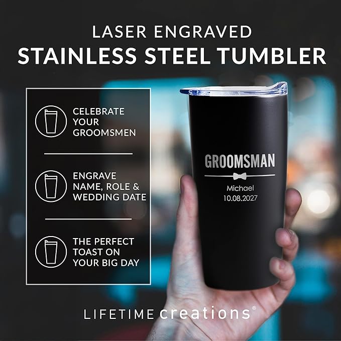 Lifetime Creations Engraved Personalized Groomsman Tumbler (White) 20 oz - Custom Groomsmen, Best Man, Bachelor Party Stainless Steel Coffee Travel Mug Gift (Option C)