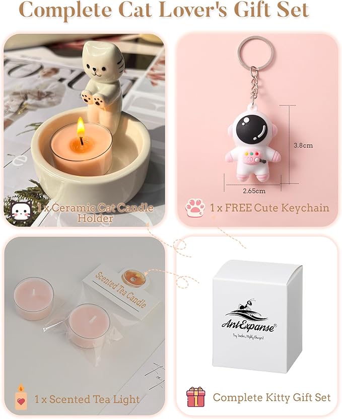 Cat Candle Holder, Cute Cartoon Kitten Scented Candles Candle Lamp, Handmade Ceramic Candlestick,Cartoon Cute Scented Candle Sticks Holder Decor, Gift for Cat Lover - Aromatherapy Candle Included
