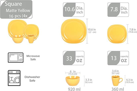 Stoneware Square 16pc Dinnerware Set, Matte Yellow