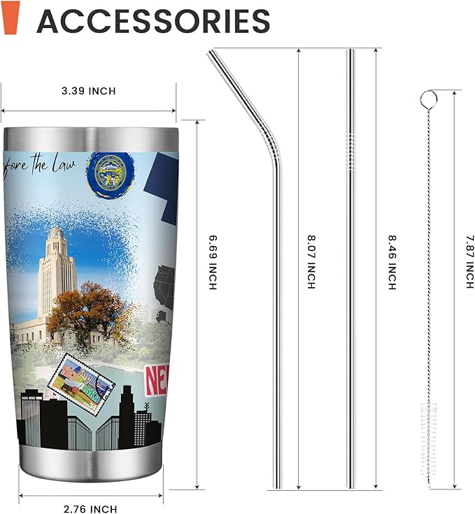20oz Insulated Tumbler Nebraska State Coffee Mug, United States Map Travel Mug Landmark, Birthday Gifts Cute Custom Tumbler Cups with Lid and Straw Gifts for Mom