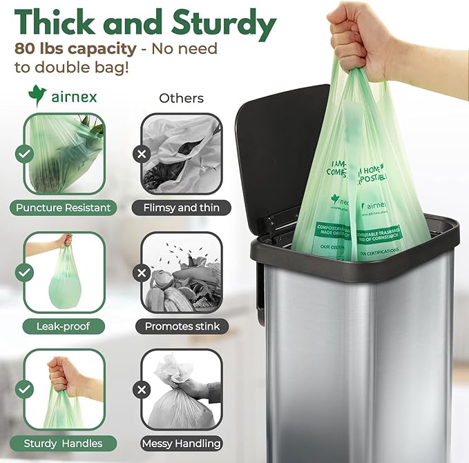 Compostable Kitchen Trash Bags13 Gal - Cornstrarch Leakproof & Tear Resistant 100 Compost Bags - OK Compost Home & Seedling Certified 0.25 mm Kitchen Garbage Bags