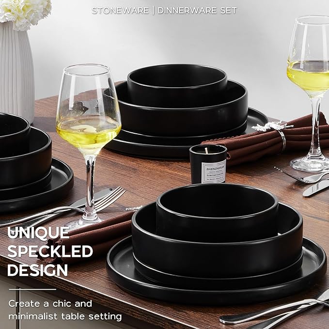 Onader 16 Piece Dinnerware Sets with Serving Bowls for 4, Stoneware Plates and Bowls Dish Sets, Ceramic Dinner Ware Dishware for Kitchen Dining, Chip & Scratch Resistant - Ebony Black