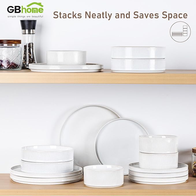 GBHOME Stoneware Dinnerware Sets for 8,Round Reactive Glaze Ceramic Plates and Bowls Set,Highly Scratch Resistant| Dishwasher & Microwave Safe Dishes Set,Service for 8(24Pcs),Sugar White