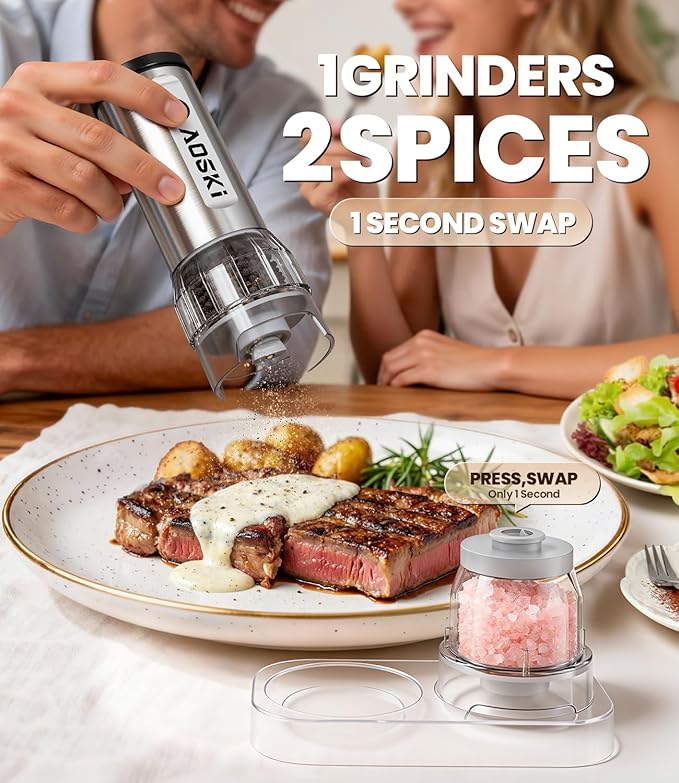 Electric Salt and Pepper Grinder Set: 1 Grinder + 2 Replaceable Jars - Stainless Steel & Separate Hoppers - For Gourmet Sessions - Prevents Spice Mixing for Foodies (1 Grinder + 2 Jars)