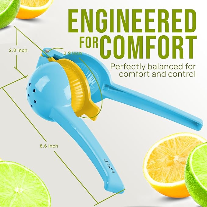 Zulay Metal 2-In-1 Lemon Squeezer Manual - Sturdy, Max Extraction Hand Juicer Lemon Squeezer Gets Every Last Drop - Easy to Clean Manual Citrus Juicer - Easy-to-Use Lemon Juicer Squeezer - Blue/Yellow