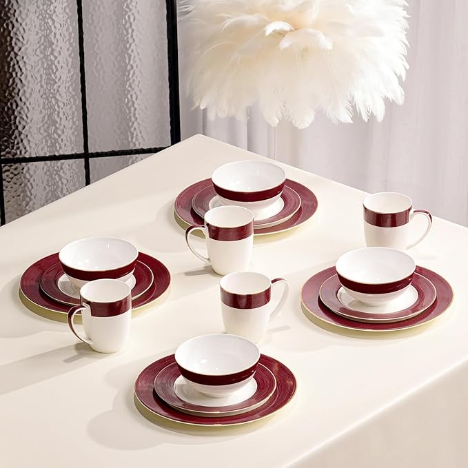 16-Piece Fine Bone China Dinnerware Set, Dinner Plates,Bowls and Mugs Set, Dishware Set for 4, With Selected Christmas Premium Red and Green pattern, White Embossed Spot Ornament and Gold Rim