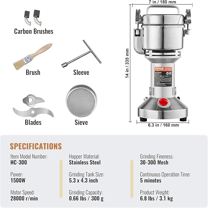 VEVOR 300g Electric Grain Mill Grinder, High Speed 1500W Commercial Spice Grinders, Stainless Steel Pulverizer Powder Machine, for Dry Grains Spices Cereals Coffee Corn Pepper, Straight Type