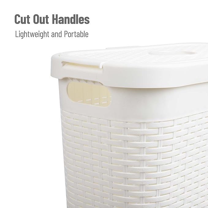Mind Reader Slim Laundry Hamper with Lid, 40L Clothes Basket, Premium Wicker Design, Plastic, Set of 2, White