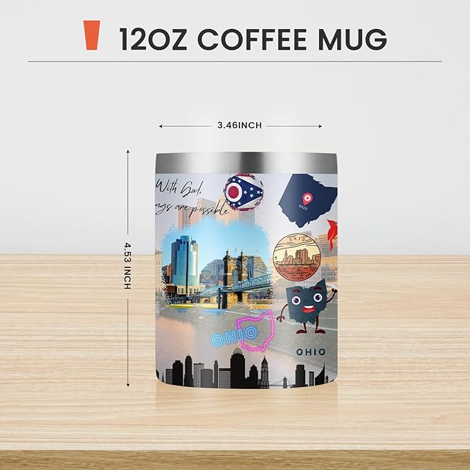 12oz Coffee Mug Ohio State Insulated Coffee Cups, United States Map Travel Mug Landmark, Birthday Gifts Cute Mugs with Lid and Straw Gifts for Mom