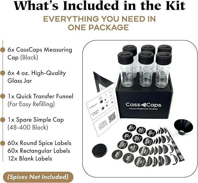 Spice Jars & Measuring Caps Set – Measure Straight from The Bottle! Faster Meal Prep, No Mess, No Clean Up. 6 Pack Holiday Special!