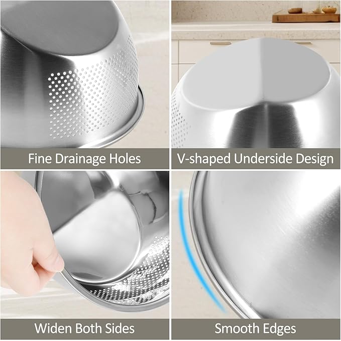 2PCS Rice Washer Strainer Bowl with Side Drainers Stainless Steel Rice Washing Bowl Multifunctional Colander for Cleaning Rinsing Fruits Vegetables Beans Silver