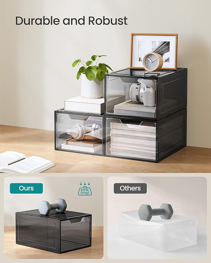 SONGMICS Shoe Boxes, Clear Shoe Organizers, Set of 12, Plastic Shoe Storage with Clear Door, Easy Assembly, up to US Size 13, Transparent Black ULSP032B12