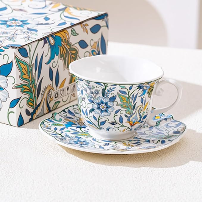 Vintage Floral Ceramic Tea Cups and Saucers,8.45 oz/260ml Small Breakfast Milk Coffee Mugs Colorful Flowers