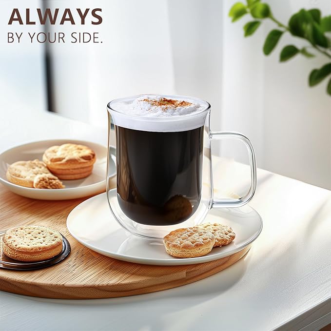 Double Walled Glass Coffee Mugs 12 oz, Glass Coffee Cups Set of 4 with Spoons, Clear Coffee Mug with Handles for Hot Beverages, Cappuccino, Latte, and Tea Bags.