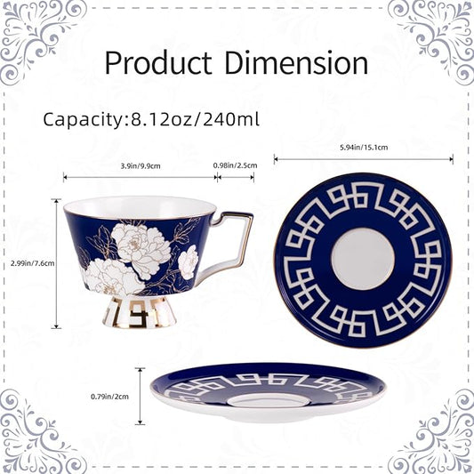 KAMMAK Ceramic Coffee Cups Saucers Set of 2, Porcelain Espresso Cups with Saucers, 8.12 oz Handcrafted Elegant Bone China Tea Cups, Peony Flower Pattern Teacup for Party, Office, Women Gift