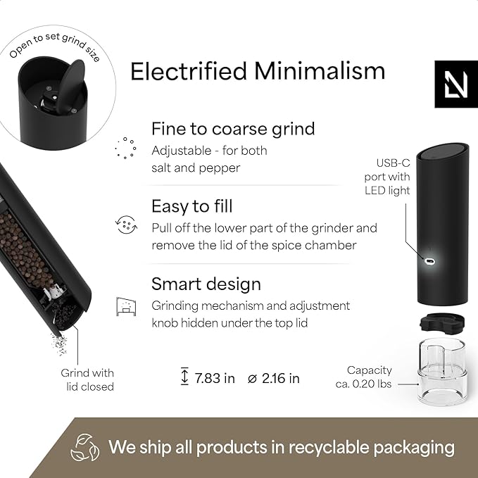 LARS NYSØM Gravity Grinder - Electric Salt & Pepper Grinder Set - USB-C Rechargeable Automatic Spice Grinder, Adjustable Coarseness, One-Handed Operation for Kitchen (Carbon Black)