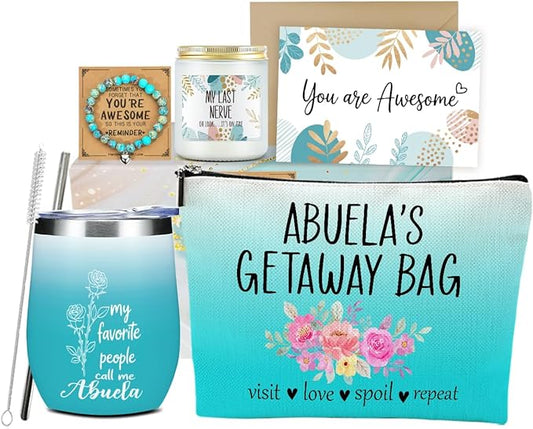 Abuela Grandma Gifts,Grandma Birthday Gifts, Funny Wedding Appreciation Gift for Women Grandmother Grammy Christmas Mothers Day Wine Tumbler Makeup Bag Bracelet Scented Candle Set with Gift Box