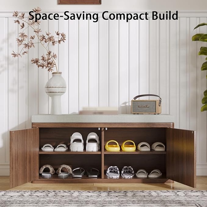 Entryway Shoe Storage Bench with 2" Cushion, 37.4" Small Bench with Shoe Rack, Cabinet Organizer for Hallway，Bedroom End of Bed,Walnut