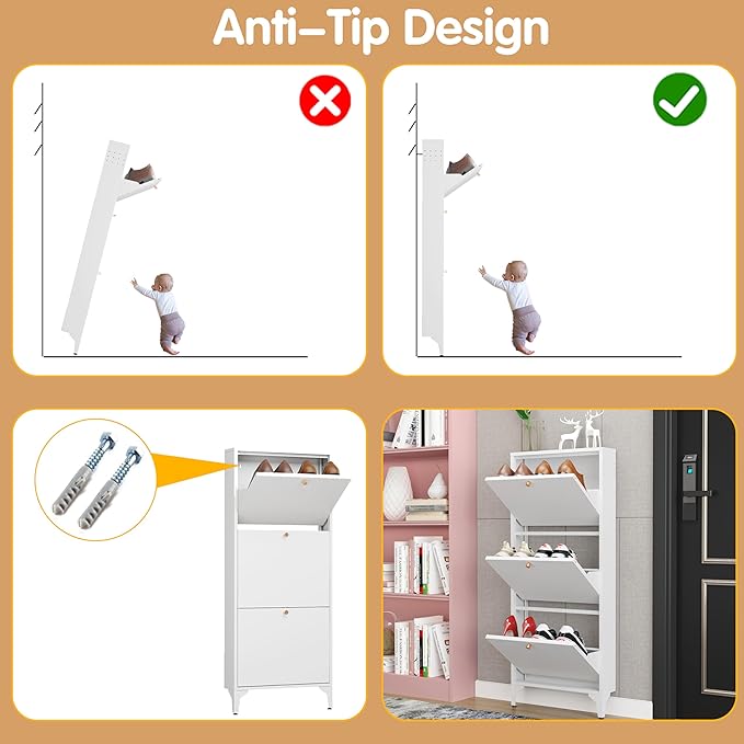 Shoe Cabinet with 3 Flip Drawers, 19" W Narrow Shoe Storage Cabinet, Farmhouse Shoe Organizer, Freestanding Organizer with Metal Legs for Entryway, Foyer (Narrow 3-Door, White)