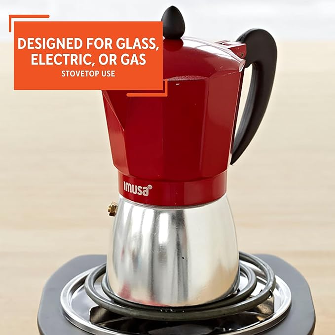 IMUSA USA Red Aluminum Stovetop 6-cup Classic Italian and Cuban Espresso Maker (B120-43T), Silver/Red