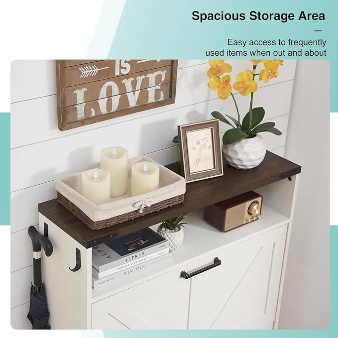 Shoe Storage Cabinet,Farmhouse Shoe Organizer with 2 Flip Drawers & Barn Door Design,Freestanding Hidden Slim Narrow Shoe Rack Cabinet with Open Storage for Entryway, Foyer,Antique White