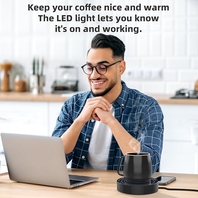 Coffee Warmer with Mug Set - Electric Beverage Cup Warmer for Desk Office Home Use, Candle Warmer Heating Plate with Gravity Switch Auto Shut Off (Up to 131F/55C), 12oz (Blue Set)
